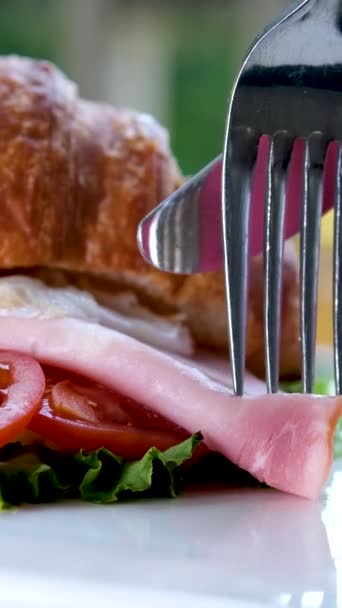三明治新鲜羊角面包与红鱼 软奶酪和绿色 早餐羊角面包三明治 桌上有鲑鱼 奶油奶酪和牛油果 — 图库视频影像