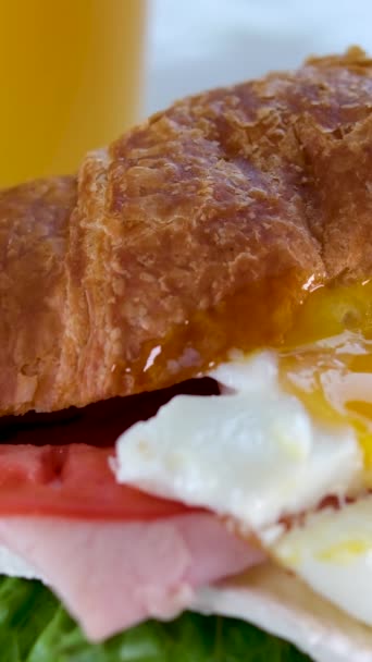 サンドイッチミートトマトサラダとブリーチーズジュースのサンドイッチから流れ出る卵で美味しい食欲をそそるクロワッサン おいしいソースとキュウリフランス ヨーロッパ — ストック動画