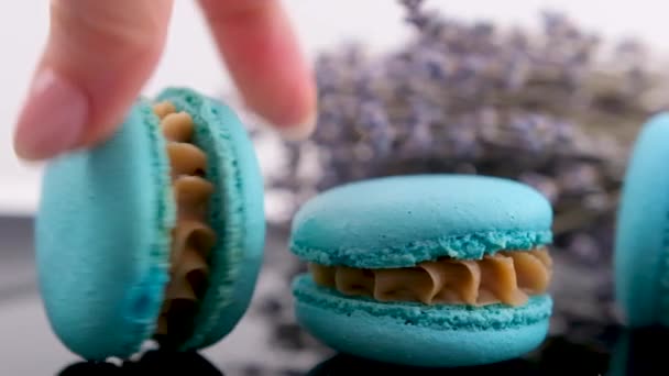 Tourbillonnant Bleu Macaron Lavande Fromage Bru Saveur Sur Plaque Noire — Video