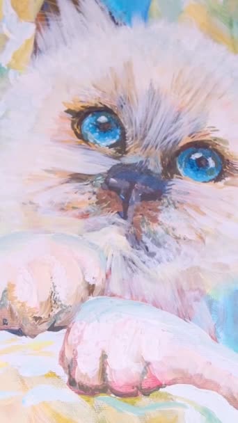 Çiçeklerin Arka Planında Mavi Derin Gözlü Beyaz Kedi Çizimi Çizimde — Stok video