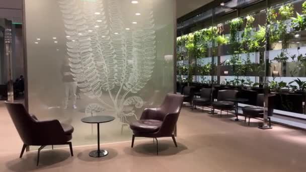 贵宾休闲区 有无限制的食物和淋浴 舒适的扶手椅 座位等商务伙伴Al Maha Lounge Doha Hamad卡塔尔的航班 多哈机场02 2024 — 图库视频影像