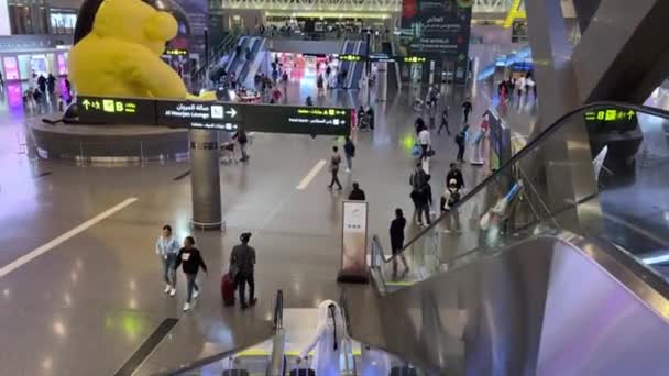 Hala Odlotów Międzynarodowym Porcie Lotniczym Hamad Doha Katar Nocy Pokazuje — Wideo stockowe