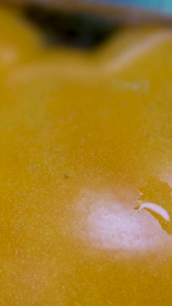 黄色いジューシーなトマトのスライス 円の回転 バックグラウンドイエロー トマト ターニング 選択的な焦点 季節の野菜について 垂直ビデオで 高品質の4K映像 — ストック動画
