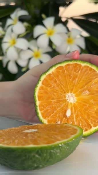 新鮮なオレンジと葉の組み合わせは木製の茎の上にあります 高品質のフルHd映像 — ストック動画