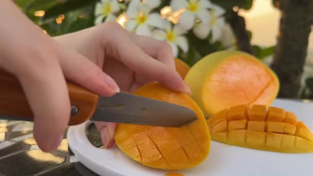 マンゴーの果物を切った女性 タスティージューシーな熟したマンゴーはナイフでキューブで切りました トロピカルフルーツ マンゴービデオチュートリアルをカットする方法 健康的なコンセプトを食べること マンゴー マクロのカメラが動いている 高品質の4K映像 — ストック動画