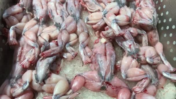 胡志明市越南海鲜商店购买不同的食物来烹调新鲜的渔获冰 在柜台的青蛙和螃蟹上放着冷藏的鱼牡蛎蛤蟆 超级市场商店的一组视频 — 图库视频影像