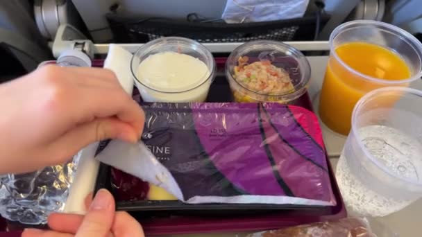 Essen Flugzeug Das Wasser Mit Logo Serviert Nahaufnahme Flugreisende Essen — Stockvideo