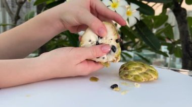 Noina segmentli yeşil kabuğun altında beyaz ve tatlı bir dolgu var. Noina meyvesi olgun noina meyvesi veya elma şekeri olarak da bilinir.