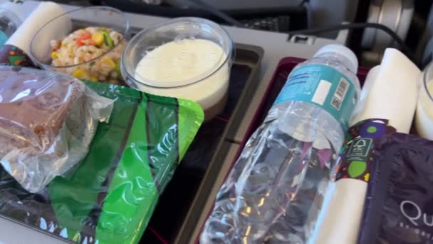 Essen Flugzeug Das Wasser Mit Logo Serviert Nahaufnahme Flugreisende Essen — Stockvideo