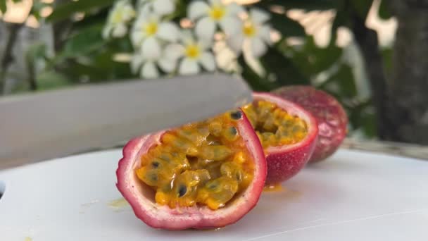 Exotic Half Passion Fruit Tantalizingly Ripe Captured Mesmerizing Probe Lens — Stock Video