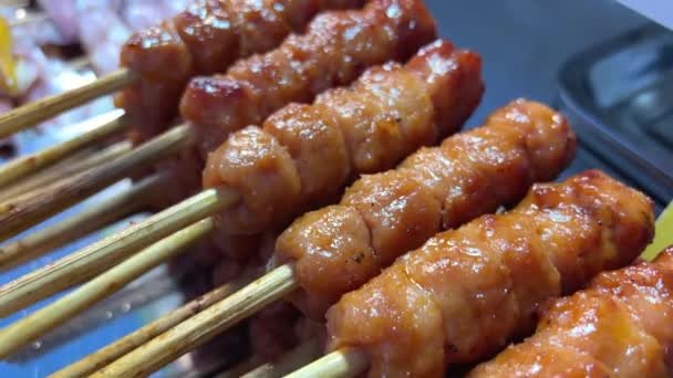 Pork Meat Skewer Fire Mutton Barbecue Close Fried Meat Kebab — Stock Video