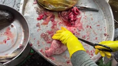 Havari Peter İsa 'nın Tilapia balığı Vietnam pazarında balık tutar satıcı balığı sersemletir ve temizler. 