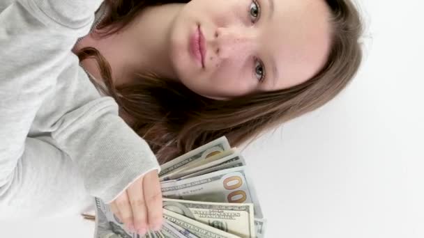 Rich Teenager Girl Waving Fan 100 Euros 100 Dollar Bills — Stock Video