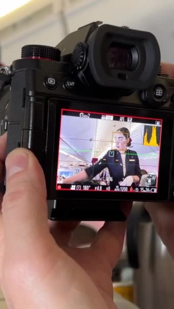 Photographing Flight Attendant Airport Airplane Handing Out Food Flight Camera — Stock Video