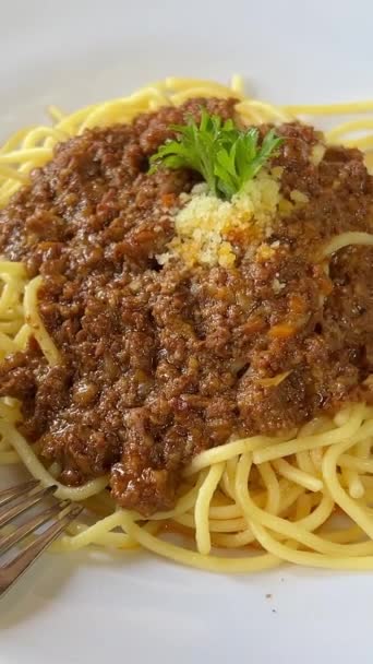Porco Espaguete Bolonhesa Espaguete Com Carne Porco Picada Imagens Alta — Vídeo de Stock