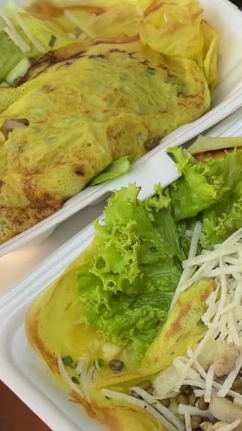 Vietnamese Food Pancakes Wrapped Lettuce Leaves Various Fillings Dipped Sauce — Stock Video