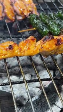 Tayland 'da Koh Phangan Adası' ndaki bir markette sokak yemekleri, domuz eti ya da tavuk şişi, kızarmış et, kızarmış balık, deniz ürünleri satıyor. Yüksek kalite 4k görüntü