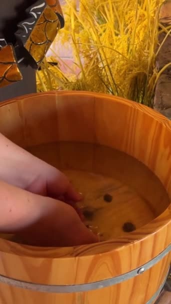 Eine Frau Wäscht Sich Einer Holzwanne Die Hände Waschen Sie — Stockvideo