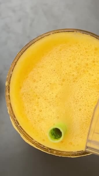 Delicious Orange Juice Ice Hot Day Gray Table Female Hand — Stock Video