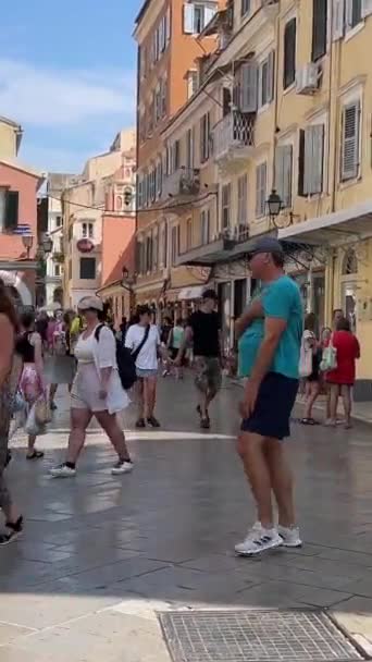Corfu Greece Sep 2023 Tourists Cafes Restaurants Liston Square Summer Stock Video