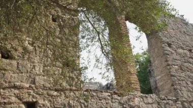 Arnavutluk 'un Butrint Ulusal Parkı' ndaki Büyük Bazilika kalıntıları. Butrint Life 'daki Triconch Sarayı tarihi ortaçağ Venedik Kulesi' nin sarayındaki tarihi bir Roma evinin ölümü. Düğme izi
