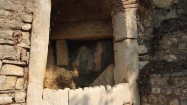 Arnavutluk 'un Butrint Ulusal Parkı' ndaki Büyük Bazilika kalıntıları. Butrint Life 'daki Triconch Sarayı tarihi ortaçağ Venedik Kulesi' nin sarayındaki tarihi bir Roma evinin ölümü. Düğme izi