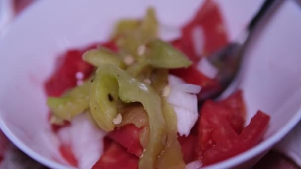 Porción Ensalada Con Tomate Cebolla Pimienta Mezclada Con Tenedor Plato — Vídeos de Stock
