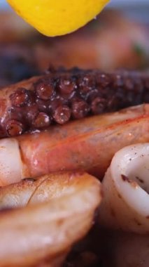 Haşlanmış karides. Beyaz tabakta karides şiş kaplan karidesleri sarımsaklı karidesle kızartılmış karides kokteyl sosu. Buzlu pembe donmuş karides, daire şeklinde dönüyor. Bir tabak deniz mahsulü karışımı yakın plan.