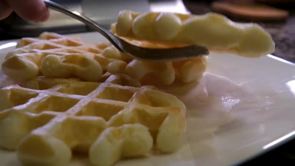 Golden Brown Waffle Green Plate Macro Slider Close High Quality — Stock Video