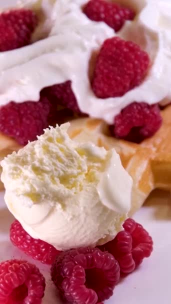 Close Side View Belgian Waffles Cream Strawberries Breakfast High Quality — Stock Video
