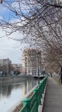 Şehrin her yerinde dolaş. İdari binalar mimarisi. Büyük bir Avrupa şehrinin klip geçmişi için video seti. Kültürel anıtlar. Romanya Nehri 02.01.2024