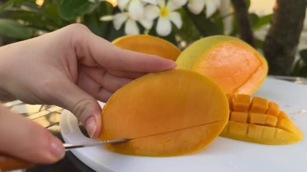 Słodkie Soczyste Dojrzałe Żółte Mango Zielonym Tle Ostrym Cieniu — Wideo stockowe