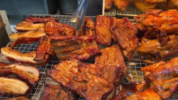 Gegrilde Barbecue Ribbetjes Varkensvlees Hoge Kwaliteit Beeldmateriaal — Stockvideo