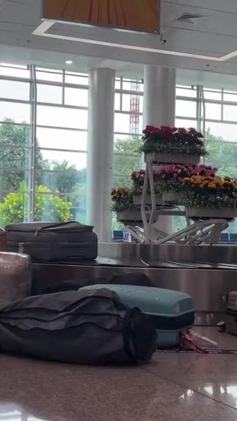 Ελκυστική Αεροσυνοδός Κινητή Σκάλα Κρατά Ταξιδιωτική Τσάντα Στο Φόντο Μπλε — Αρχείο Βίντεο