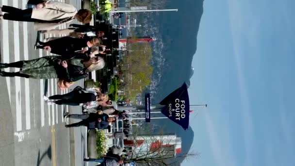 Ludzie Plecakami Tenisówkach Chodzić Wzdłuż Nasypu Samochodach Portowych Taksówki Autobusy — Wideo stockowe