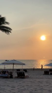 Fukuoka Phu Quoc Sonasea plajının cennet plajları. Palmiye ağaçları Hint Okyanusu 'nda gün batımında otellerin yakınında tatil yaparlar. Seyahat acentesinin varış yeri dinlenme dinlenme güzel tropik plaj