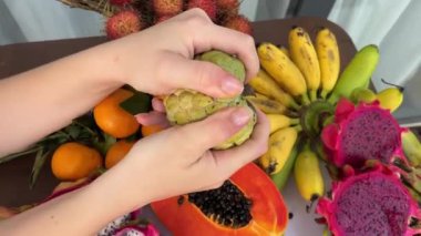 Olgunlaşmamış sert meyve Noah ve onu ellerinle kırmaya çalışmak taze meyve ve sebzeleri olgunlaştırmayı bitirmeli. Yemek konsepti geçmişi. Üst görünüm. 