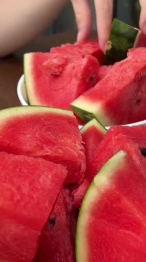 Karpuzlu Gülümseyen Mutlu Kız. Gözlüklü genç kız bahçede karpuz yiyor.