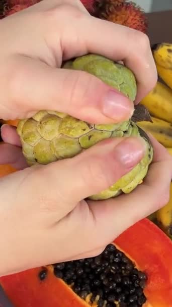 Olgunlaşmamış Sert Meyve Noah Onu Ellerinle Kırmaya Çalışmak Taze Meyve — Stok video