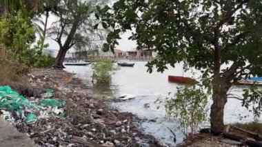 Palmiye ağaçları el değmemiş doğa ve çöpler kıyıya vurmuştu. Vietnam phu Quoc adası. Vietnam 'daki fakir hayatın güzelliği ve kiri. Hint Okyanusu 'nda balıkçı tekneleri