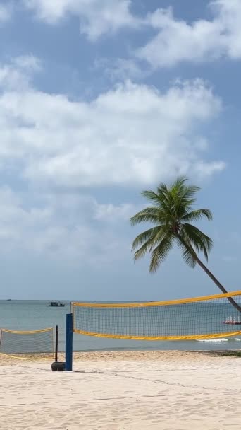 インド洋を眺めるハンティントンビーチのパームツリーとバレーボールのコートネットの高層ビュー ビーチのベトナムのフォック島バレーボールコート — ストック動画