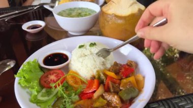 İnsan eli doğayla esmer pirinç yemek için kaşık kullanır. Tatlı ve ekşi soslu beyaz pirinç ve sebze arka planda çatalla yenir. Hindistan cevizi ve çorba.