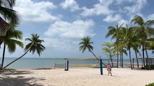 インド洋を眺めるハンティントンビーチのパームツリーとバレーボールのコートネットの高層ビュー ビーチのベトナムのフォック島バレーボールコート — ストック動画