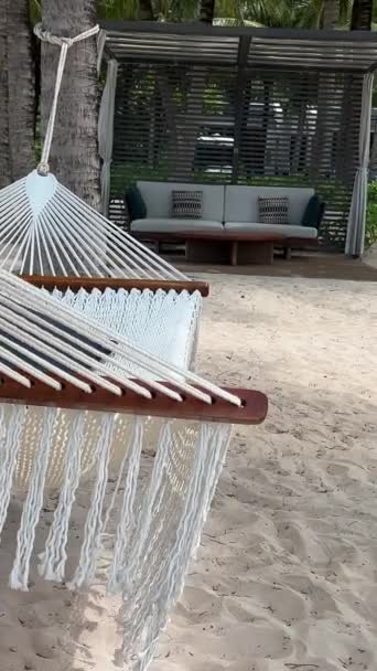 Тропічний Пляж Ідиліка Гамаком Шезлонгами Пальмами Білим Піском Запрошує Сонячний — стокове відео
