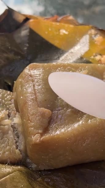 Vietnamesiska Chung Cake Isolerad Vitt Fyrkantig Klibbig Ristårta Fylld Med — Stockvideo