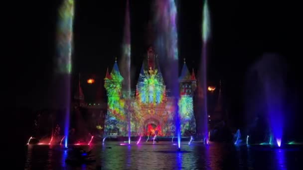 Geceleri Ultraviyole Renklerin Dans Eden Çeşmeleri Güzel Manzara Siyah Arka — Stok video