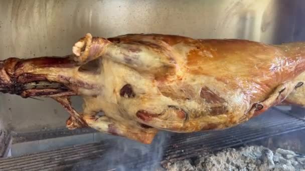 スピットで調理された大きなチャンク肉 オープンフレームで焼いた豚 チャコールグリルでジューシーな揚げドラムスティック グリルでローストポーク脚 バーベキュー肉 新鮮な準備肉 スロー — ストック動画