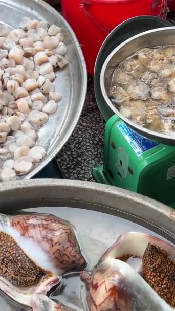 一位亚洲妇女一边用小刀匆匆地剥去对虾的壳 一边用手捂住被子 在坐着时把虾壳分类成不同的篮子 摆在桌面上 — 图库视频影像