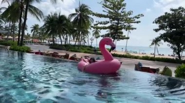 Genç bir turist kadın bikinili, sıcak yaz gününde şişme pembe flamingoda güneşleniyor. Kadın turist güneşli bir günde havuzda flamingo oyuncak yatak salında dinleniyor..