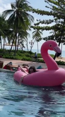 Genç bir turist kadın bikinili, sıcak yaz gününde şişme pembe flamingoda güneşleniyor. Kadın turist güneşli bir günde havuzda flamingo oyuncak yatak salında dinleniyor..